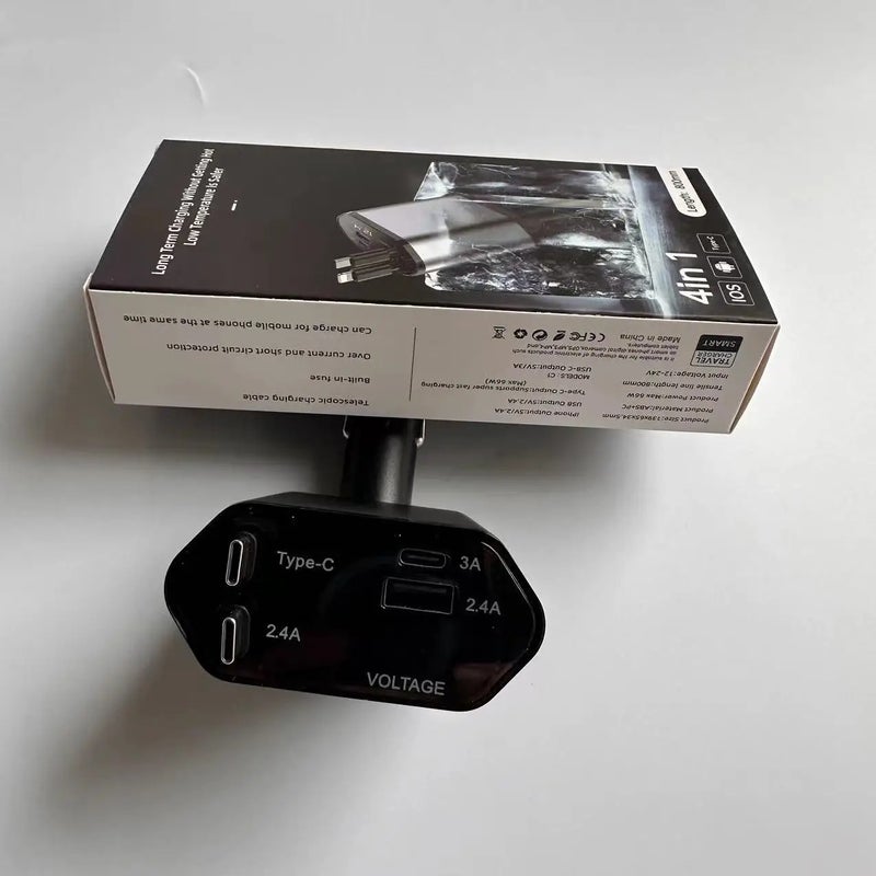 Bluejw DC 12-24V Car Charger, Retractable 4-in-1 Cable, Universal Adapter for Phone, Tablet, Watch & Earphone, Automobile Charger - Image 1